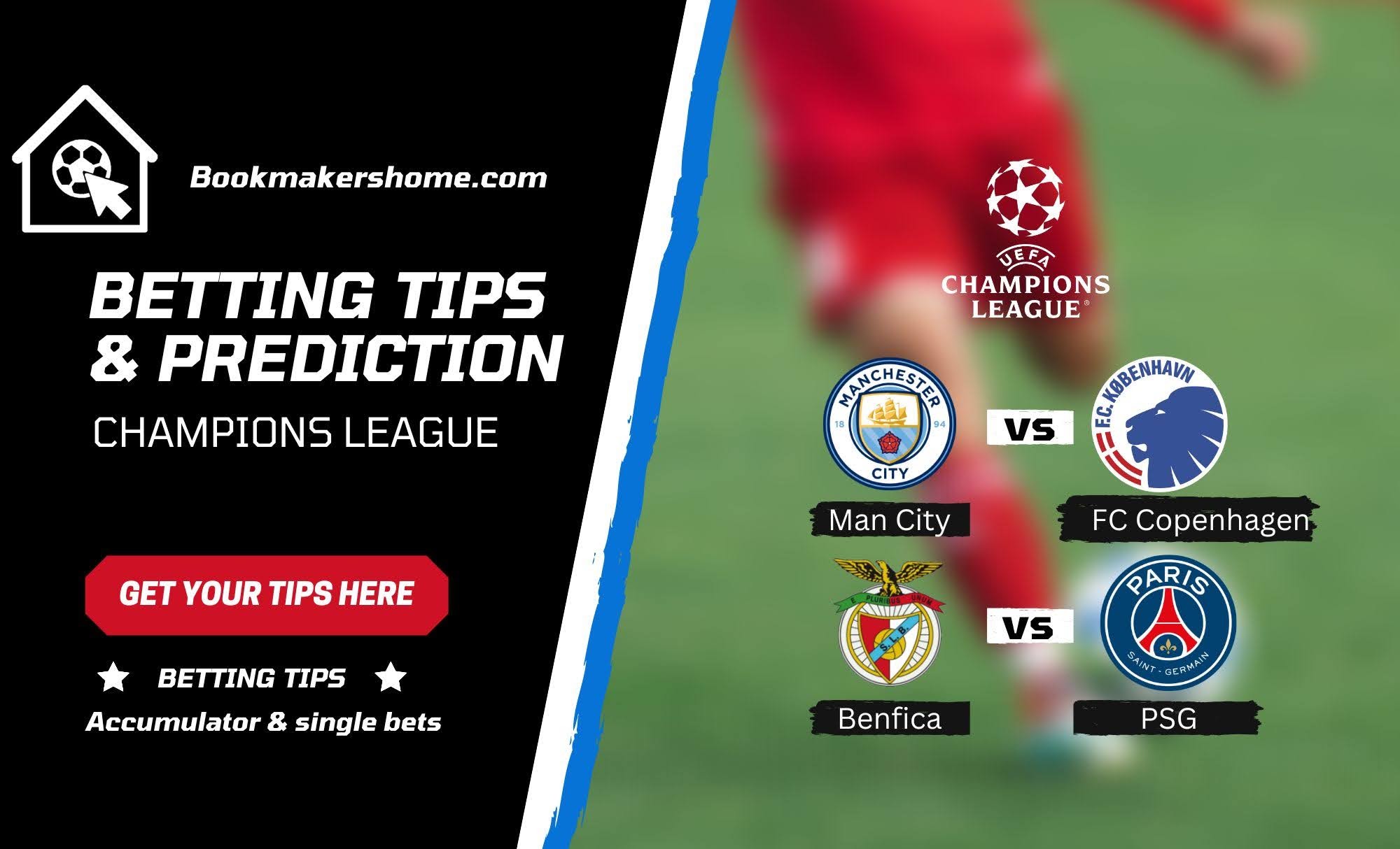 Manchester City vs FC Copenhagen & Benfica vs PSG Wednesday's Champions League match, predictions, betting tips, and match previews are provided.